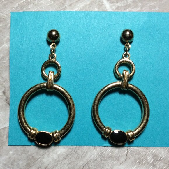 Classic '80s Elegance Earrings Gold & Black Dangle 🖤✨ #VintageChic #80sElegance - Picture 1 of 3